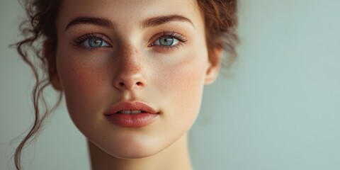 Fototapeta premium A young woman with blue eyes and curly hair gazes softly, showcasing her natural beauty in gentle lighting within a minimalist setting