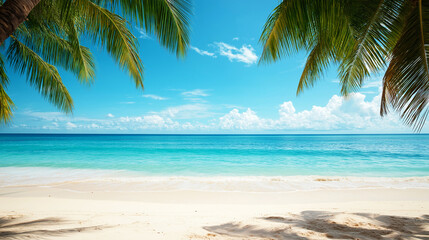 Tranquil tropical beach framed by lush palm fronds with turquoise waves lapping against soft white sand, perfect for travel advertisements, resort brochures, vacation planning websites