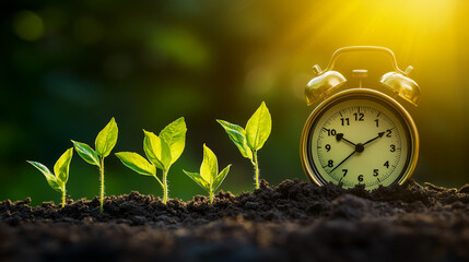 Concept of growth and time with young green plants sprouting in soil alongside a vintage clock under warm sunlight, perfect for sustainability campaigns, environmental awareness