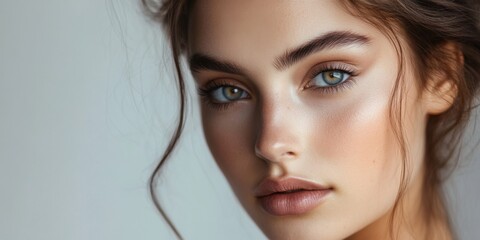 Fototapeta premium Young woman showcases her natural beauty with minimal makeup and soft lighting, highlighting her striking features and captivating gaze in a studio environment
