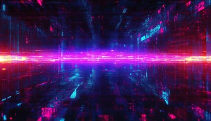Vibrant Digital Glitch Art Horizontal Stripes Blue Purple Neon Light Effects Cyber Aesthetics Background