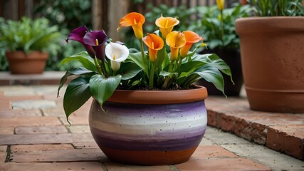Terracota pot and colourful calla lillies