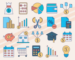 Set of vector icons related to budgeting and finance including calculators wallets and charts