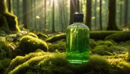 shower gel bottle resting on soft moss in a dense forest