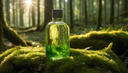 shower gel bottle resting on soft moss in a dense forest