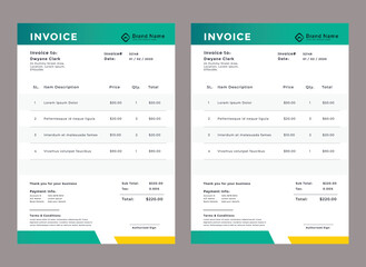 Clean and simple business invoice template. color variation creative invoice Template Paper Sheet Include Accounting, Price, Tax, and Quantity. With color variation Vector illustration of Finance