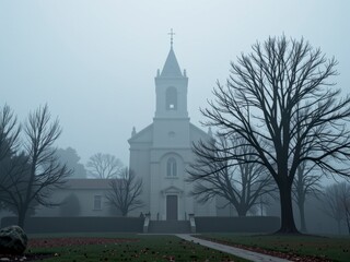 Misty Morning Church Foggy Landscape Gothic Architecture Trees