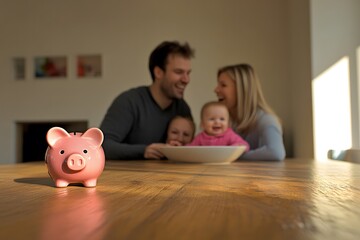 Happy family enjoying time together at home with a playful focus on a cute piggy bank symbolizing savings and financial planning for future generations.