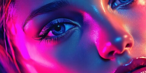 A woman's face is vividly lit by neon colors, emphasizing her striking blue eyes and smooth skin. The glow creates an artistic and energetic atmosphere