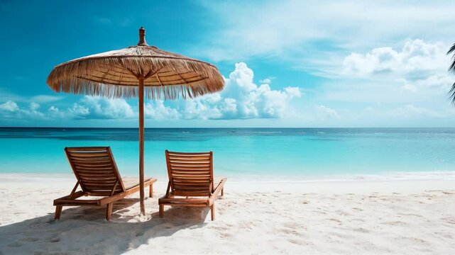 Serene tropical beach with wooden lounge chairs and a thatched umbrella overlooking crystal-clear turquoise waters, perfect for travel promotions, vacation brochures, resort advertisements, relaxation