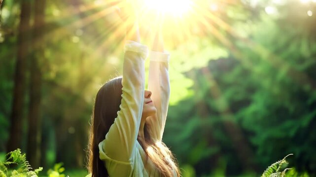 Tranquil woman enjoying the serenity of nature, surrounded by lush greenery and sunlight in a peaceful forest, perfect for wellness campaigns, mindfulness visuals, eco-friendly branding