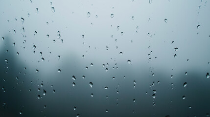 Raindrops on a foggy glass window with a blurred landscape background