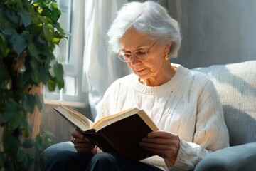 Elderly Woman Reading Book with Difficulty Adjusting Eyeglasses in Soft Light