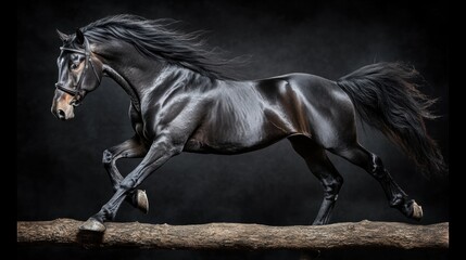 Black Stallion Leaping Over Log