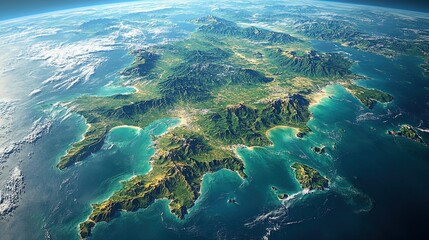 Aerial view of a lush, green island surrounded by blue ocean waters.