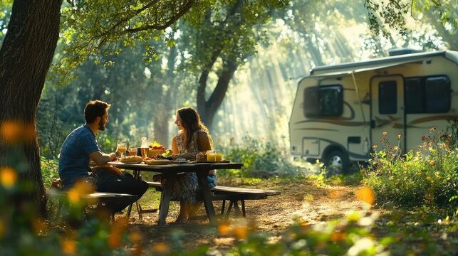 Outdoor picnic table food drink couple nature forest summer adventure leisure camping travel