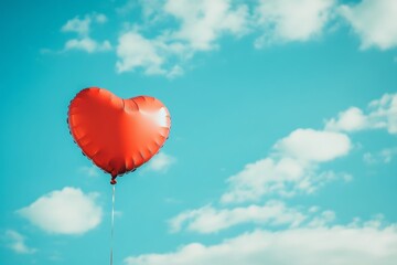 Fototapeta premium A vibrant red heart-shaped balloon floats gently in the clear blue sky. It symbolizes love and joy. Capture the essence of celebration and happiness. Generative AI