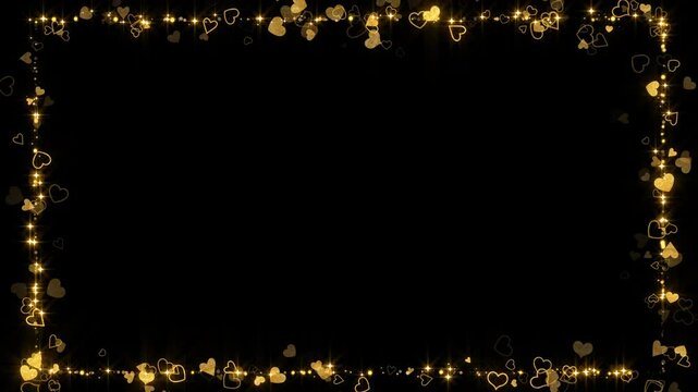 valentine hearts frame golden shiny glowing stars border on black background animation, love romantic motion design element