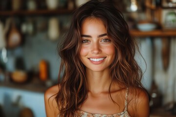 brunette woman smiles while straightening her radiant hair with a sleek modern iron a closeup that highlights beauty rituals and selfcare in a cozy home setting