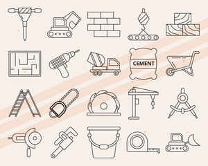 More construction site-themed vector icons including excavators and cones