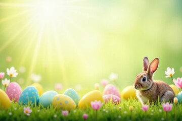 Fototapeta premium Background Copy-space for text: A sunny spring meadow filled with colorful Easter eggs and blooming flowers. A cute bunny sits among the eggs, ready for the Easter celebration