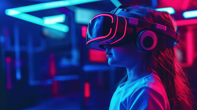 Child experiencing virtual reality gaming with neon lighting