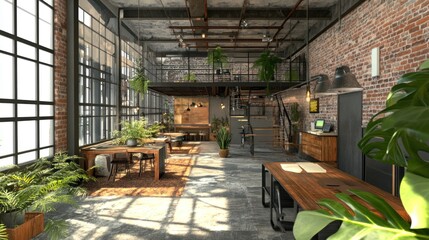Naklejka premium Sunlit Industrial Loft Office Space with Abundant Greenery