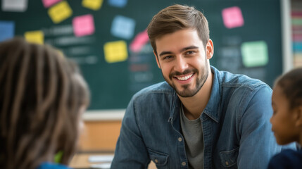 Fototapeta premium Male teacher smiling in classroom with children and positive atmosphere