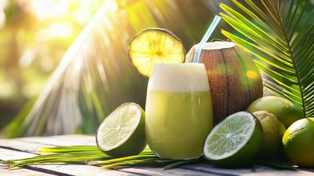 A refreshing tropical beverage served in a coconut shell, surrounded by fresh limes, coconuts, and lush greenery. The golden sunlight enhances the vibrant and exotic ambiance of this island-inspired 