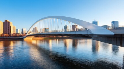 Naklejka premium Elegant Modernistic Bridge Stretching Over Tranquil City River With Gleaming Skyscrapers