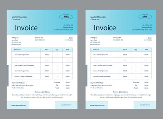 Clean and simple business invoice template. color variation creative invoice Template Paper Sheet Include Accounting, Price, Tax, and Quantity. With color variation Vector illustration of Finance