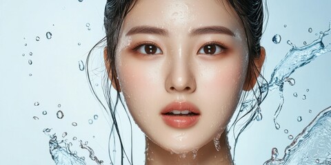A young woman with radiant skin is captured as water splashes around her in a bright studio, reflecting vitality and beauty in a serene atmosphere