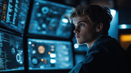 Young Caucasian man working in futuristic cyber security control room