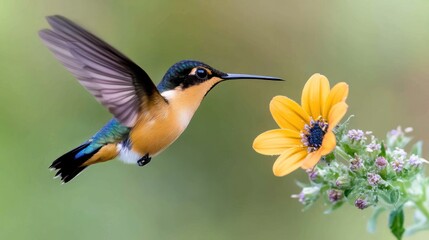Fototapeta premium A hummingbird hovering near a vibrant yellow flower.