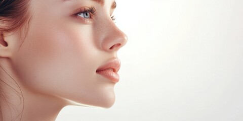 A young woman showcases her natural beauty with a serene expression, highlighting smooth skin and captivating eyes against a neutral backdrop