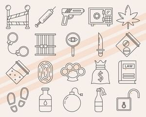 Additional crime-themed vector icons featuring various law enforcement items
