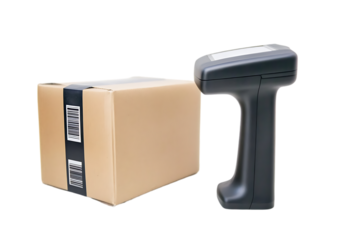 A barcode scanner next to a cardboard box, used for inventory management.
