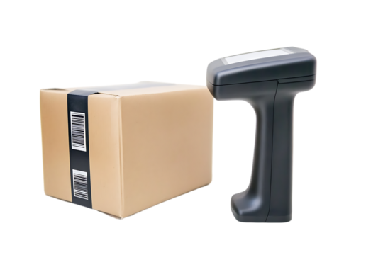 A barcode scanner next to a cardboard box, used for inventory management.