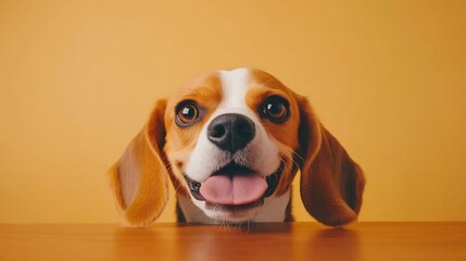 Curious Beagle Peeking Over Brown Table with Hungry Tongue Sticking Out