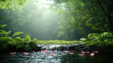 Fototapeta premium Serene Nature Scene with Flowers and Flowing Water