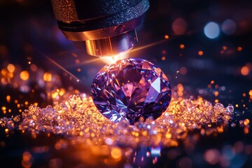 A close up of a dazzling purple diamond under a laser beam. The intricate details are highlighted with sparkles and radiant light reflections. Generative AI