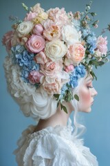 Naklejka premium extravagant floral rococo white wig headpiece made entirely of pastel roses, peonies, and delphiniums in pink, blue, and cream, styled against a soft blue background