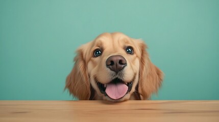 Curious Golden Retriever Puppy Peeking Over Wooden Table with Hungry Expression