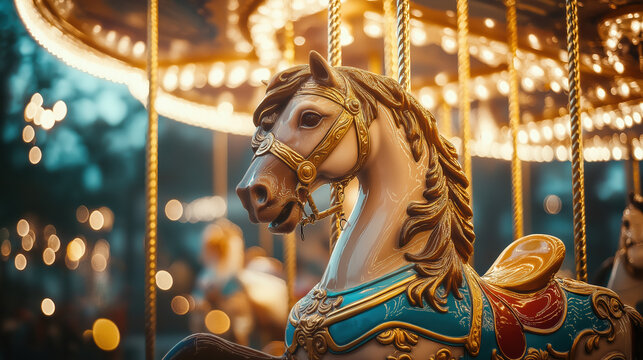 Enchanting carousel horse at twilight with glowing lights