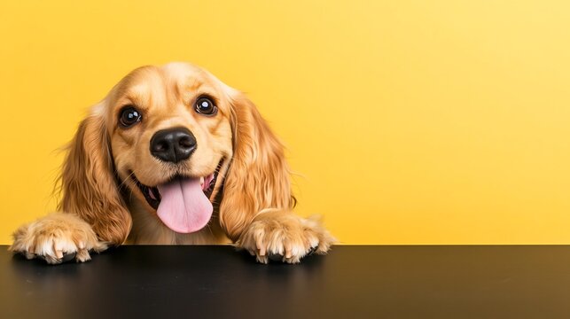Cute Cocker Spaniel Dog Peeking Over Table with Curious Tongue Out Expression