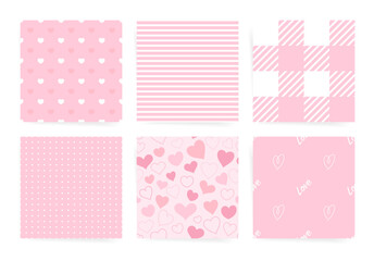Playful Pink Seamless Patterns with Hearts, Stripes, Polka Dots, and Gingham