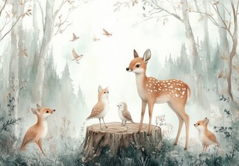 Watercolor Forest Scene with Deer Foxes and Birds Cute Woodland Animals Illustration for Baby Shower and Kids Invitations
