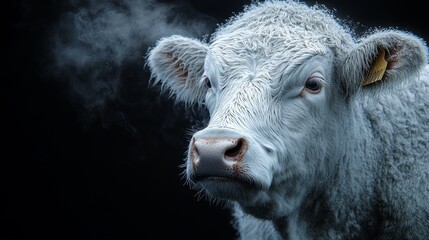 Naklejka premium Close-up portrait of a white cow against a black background with steam.