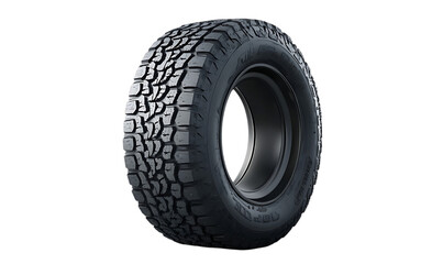 A black tire with a rugged tread design, suitable for off-road vehicles.