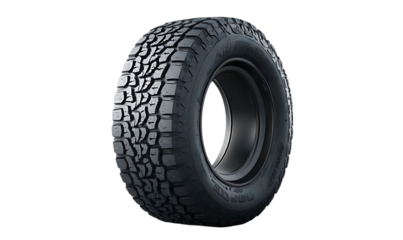 A black tire with a rugged tread design, suitable for off-road vehicles.